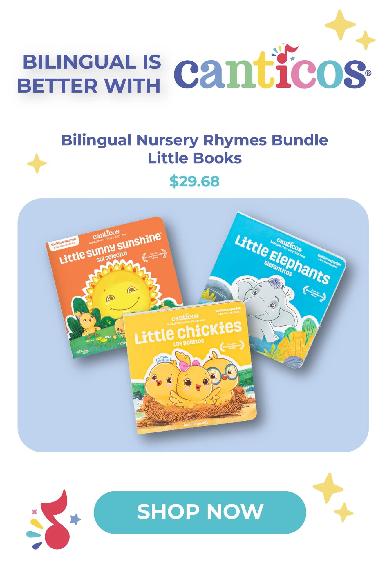 Canticos product ad featuring a bilingual three-book bundle and a Shop Now invitation