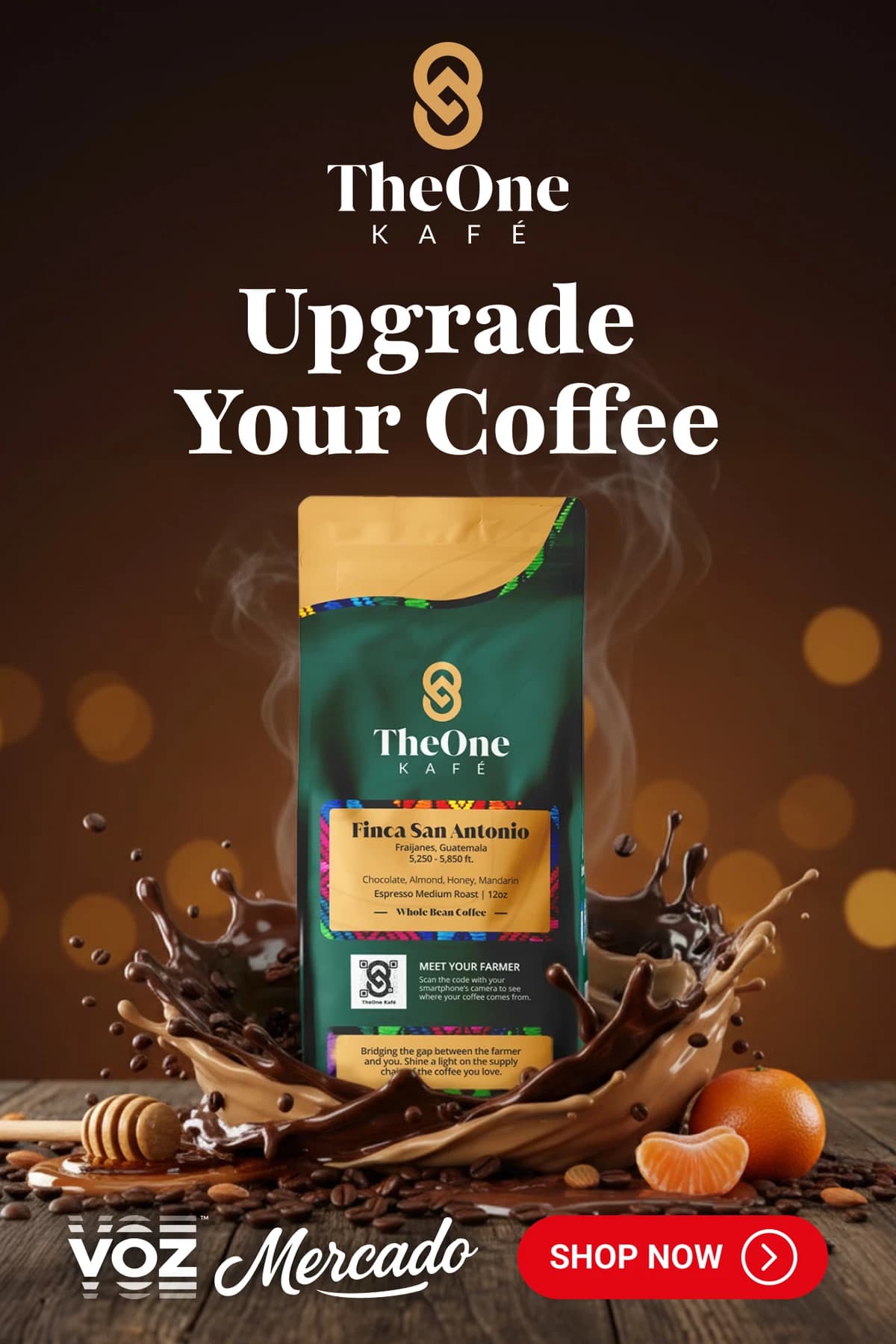 TheOne Kafé display ad: Upgrade Your Coffee, featuring Guatemalan coffee and a Shop Now invitation